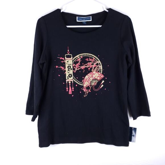 Karen Scott Tops - NWT Karen Scott 3/4 Sleeves T Shirt Size Small Black Cotton Scoop Neck
